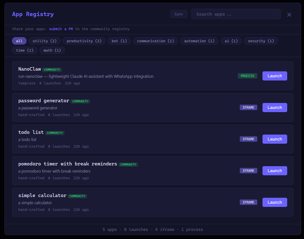 App Registry showing 5 registered apps with tag filtering