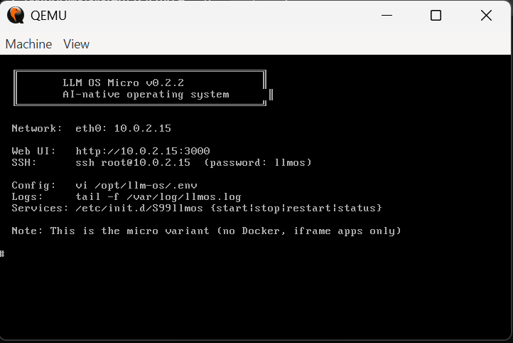 QEMU console showing LLM OS v0.2.2 boot