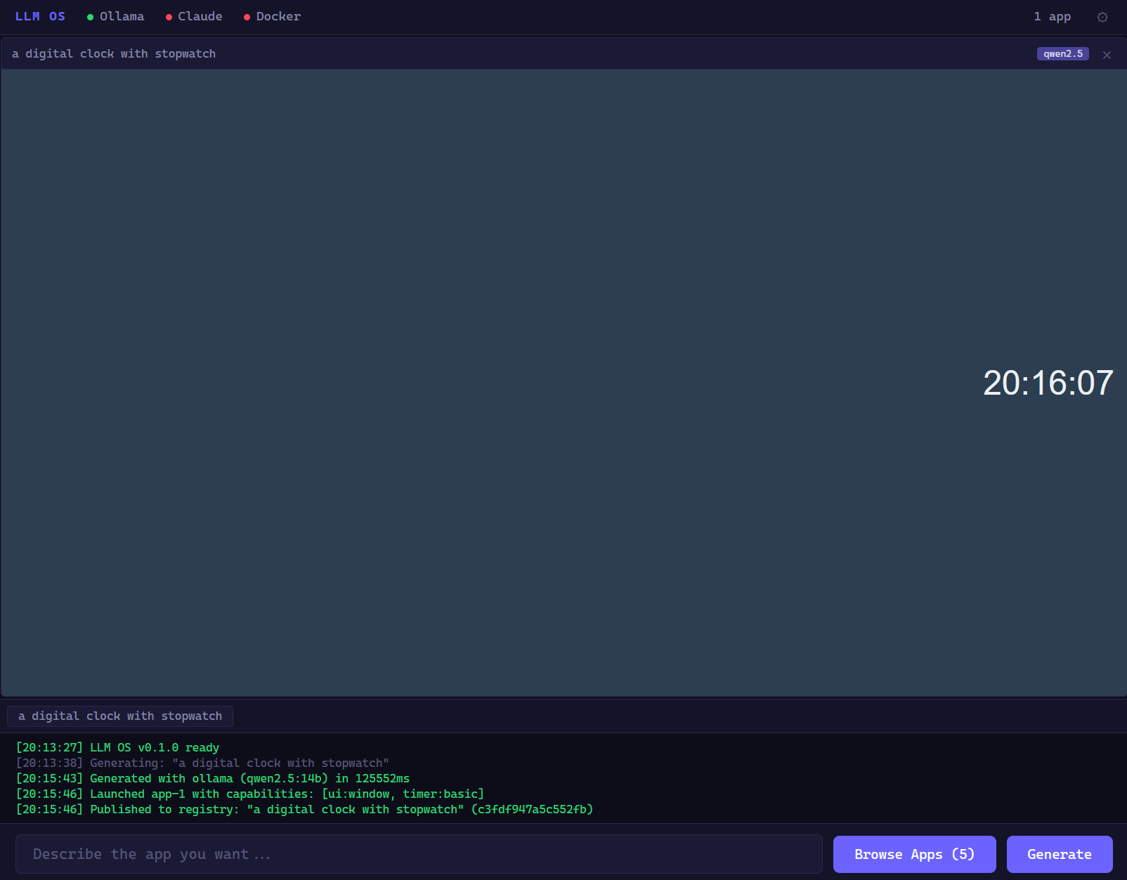 Clock and stopwatch app generated by qwen2.5:14b