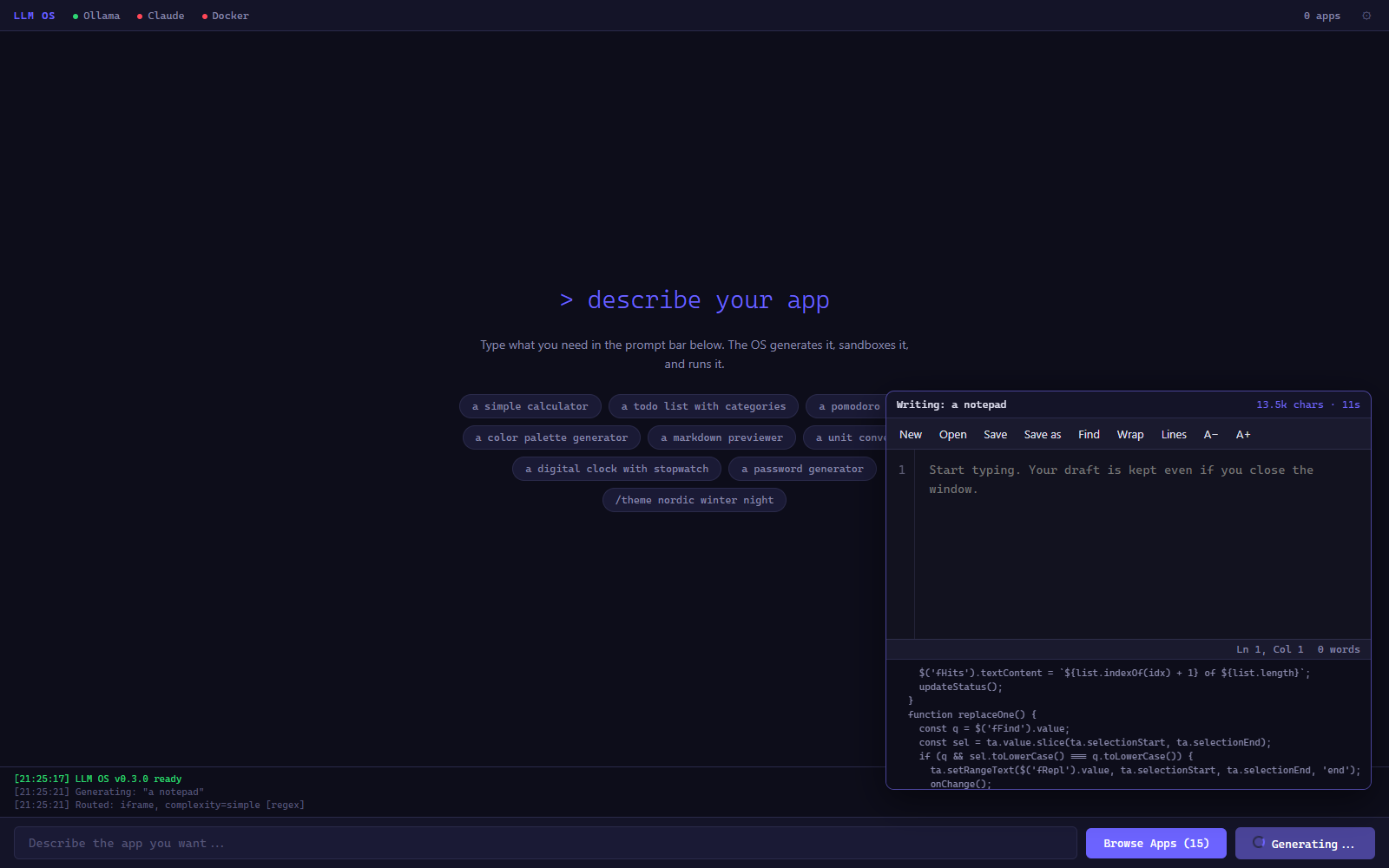 A panel showing a notepad app rendered while its code is still being generated