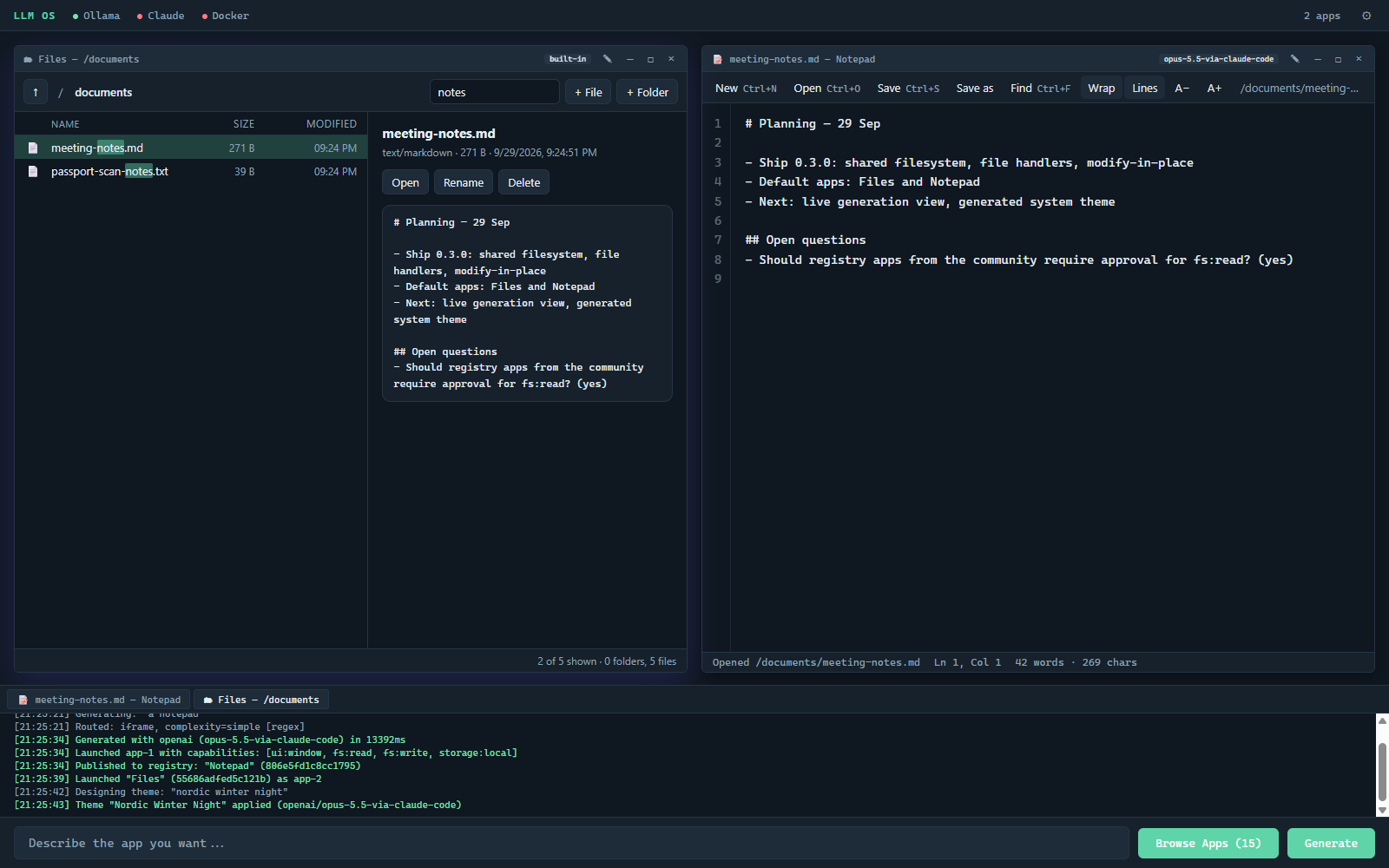 The same desktop re-themed in blue-grey with a green accent