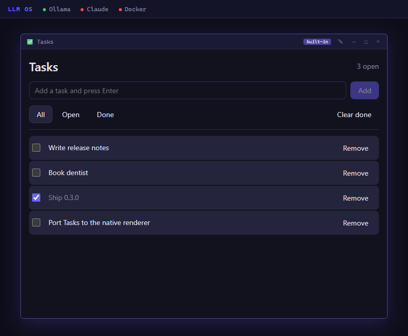 The Tasks app in the browser-based shell
