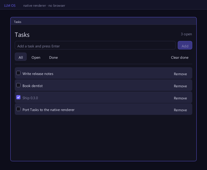The same Tasks app drawn by the native renderer