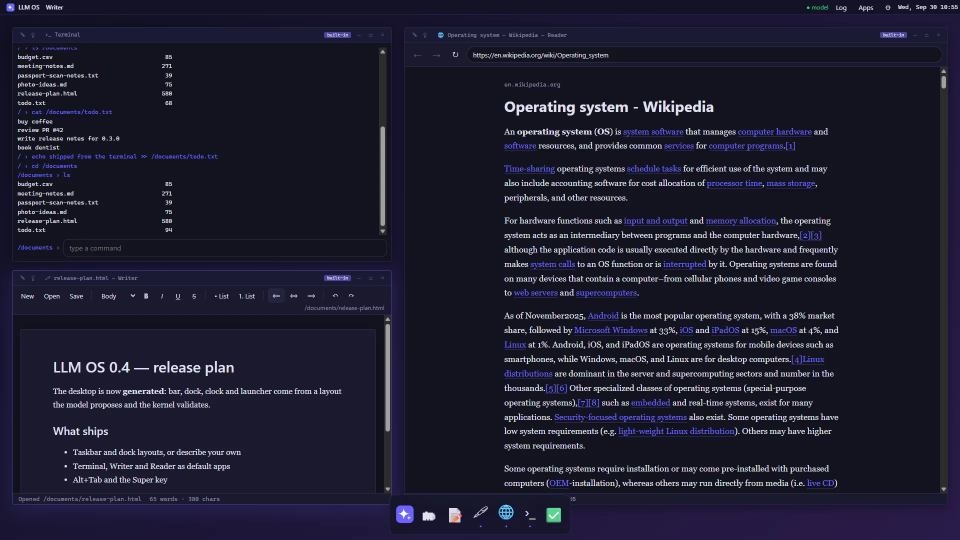 Full HD desktop with a menubar, a dock, and Terminal, Writer and Reader windows