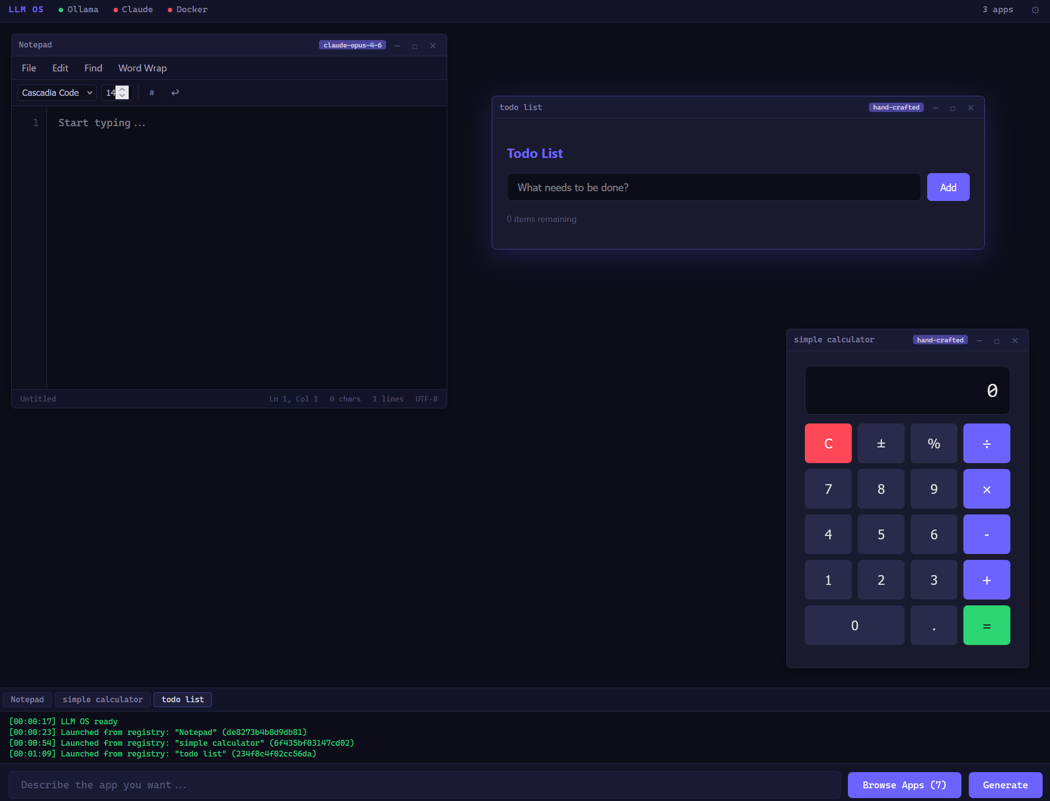 Three apps running simultaneously with taskbar